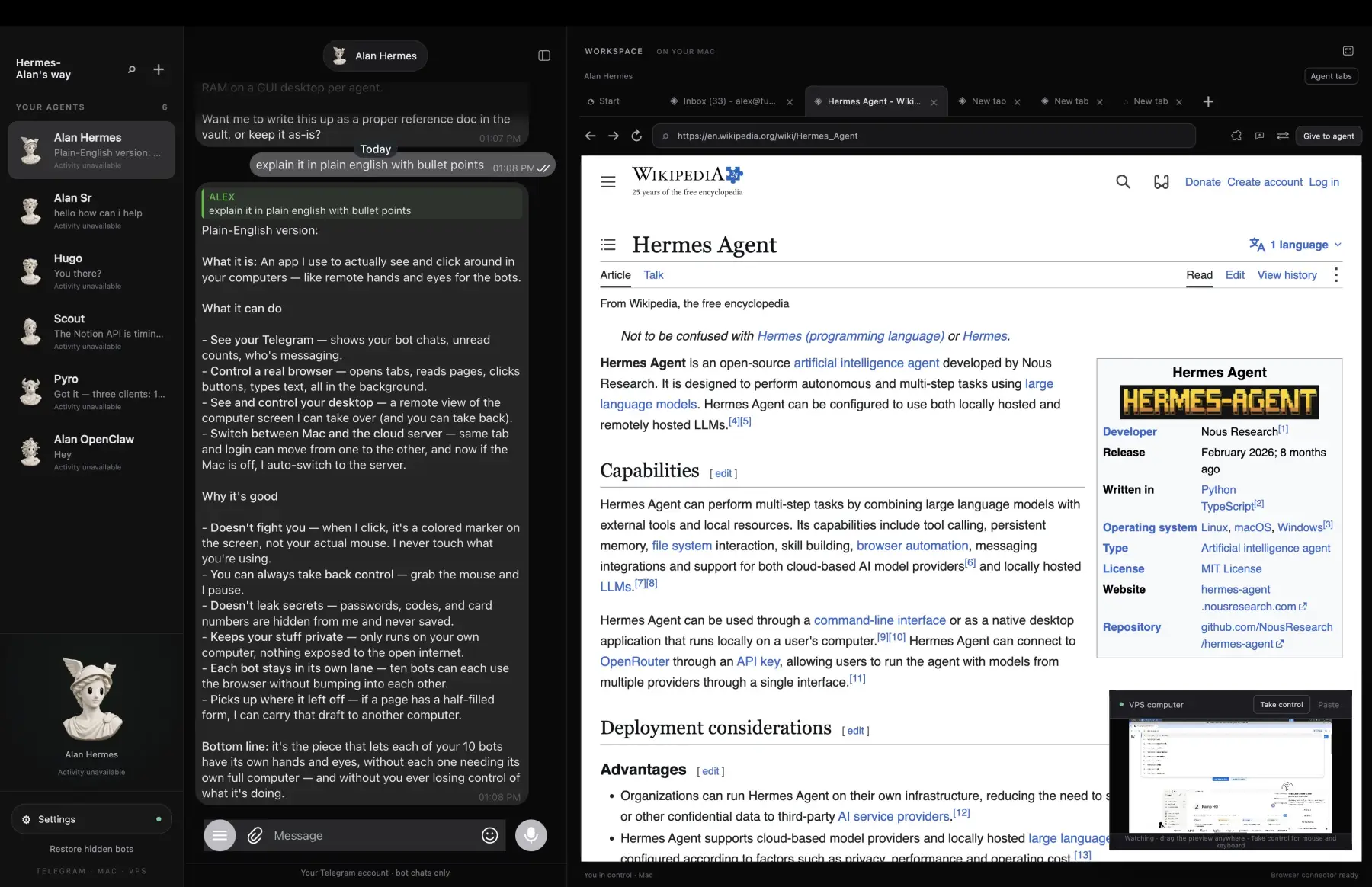 The OpenAlan app: a rail of Hermes bots on the left, a Telegram chat in the middle, and the agent browser workspace on the right with a small VPS desktop viewer in the corner.