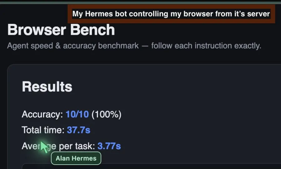 Browser Bench: Hermes controlling Alex's browser from its server, 10 of 10 tasks, 3.77 seconds per task.