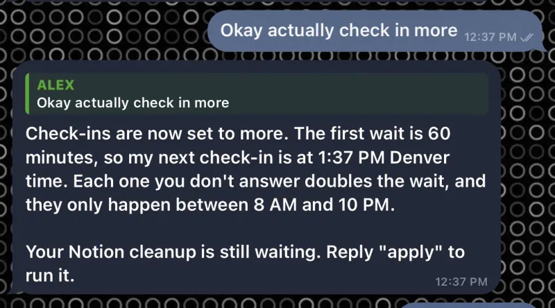 A Telegram reply from the bot confirming check-ins set to more: first wait 60 minutes, doubling when unanswered, 8 AM to 10 PM.