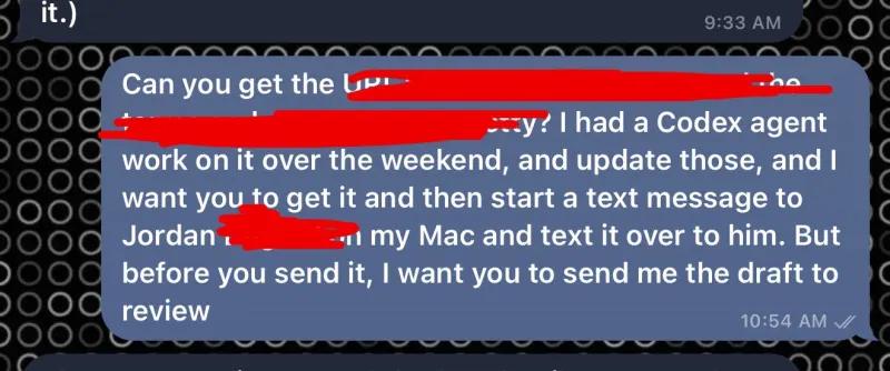A Telegram message asking the bot to find a link on the Mac and text it to a partner, sending a draft for review first.